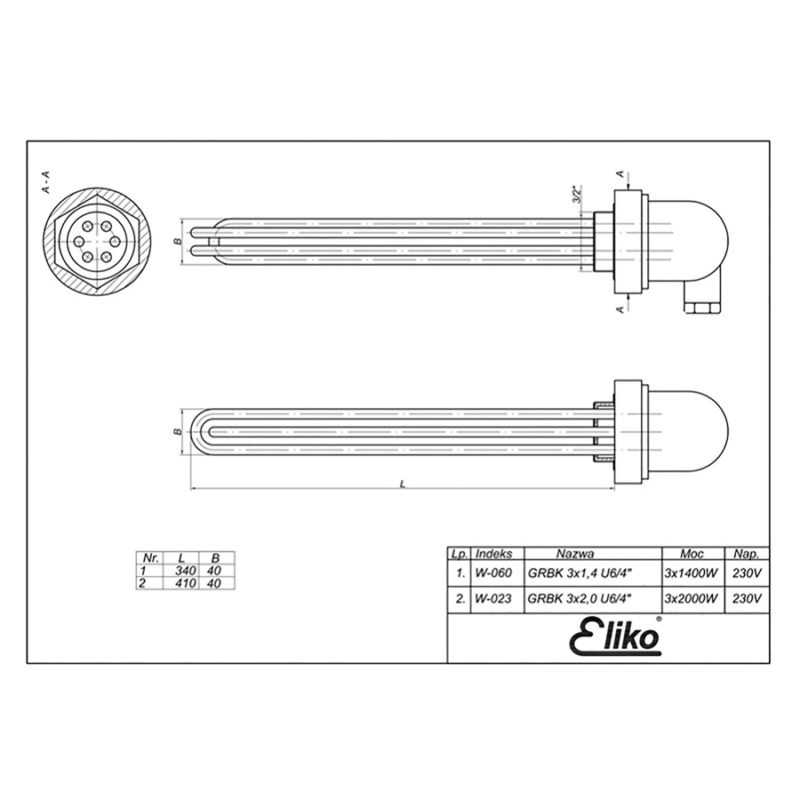 Trojšpirálový ohrievač ELIKO  3x2000W v 6/4" prírube s puzdrom