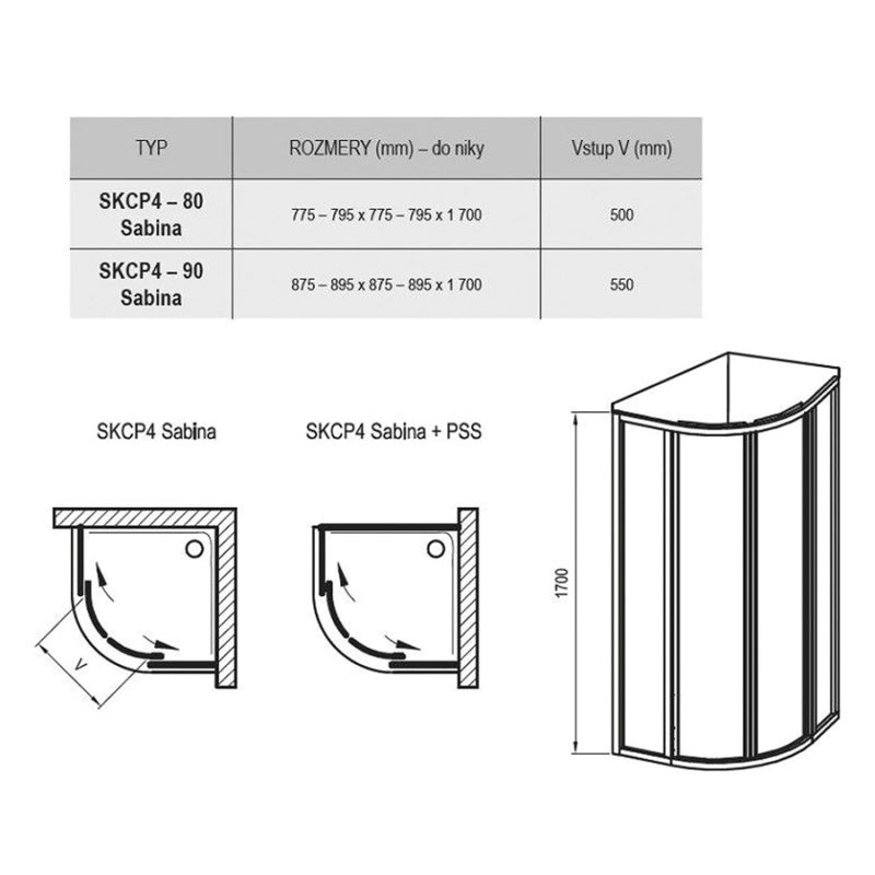 SKCP4 - 80 SABINA Znížený sprchovací kút štvrťkruhový štvordielny matný hliník + pearl, 31144VU0011