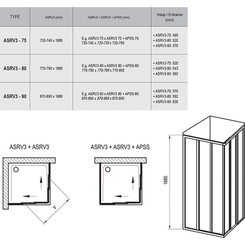 Sprchové dvere do kombinácie biele + transparent  ASRV3 -75, 15V30102Z1