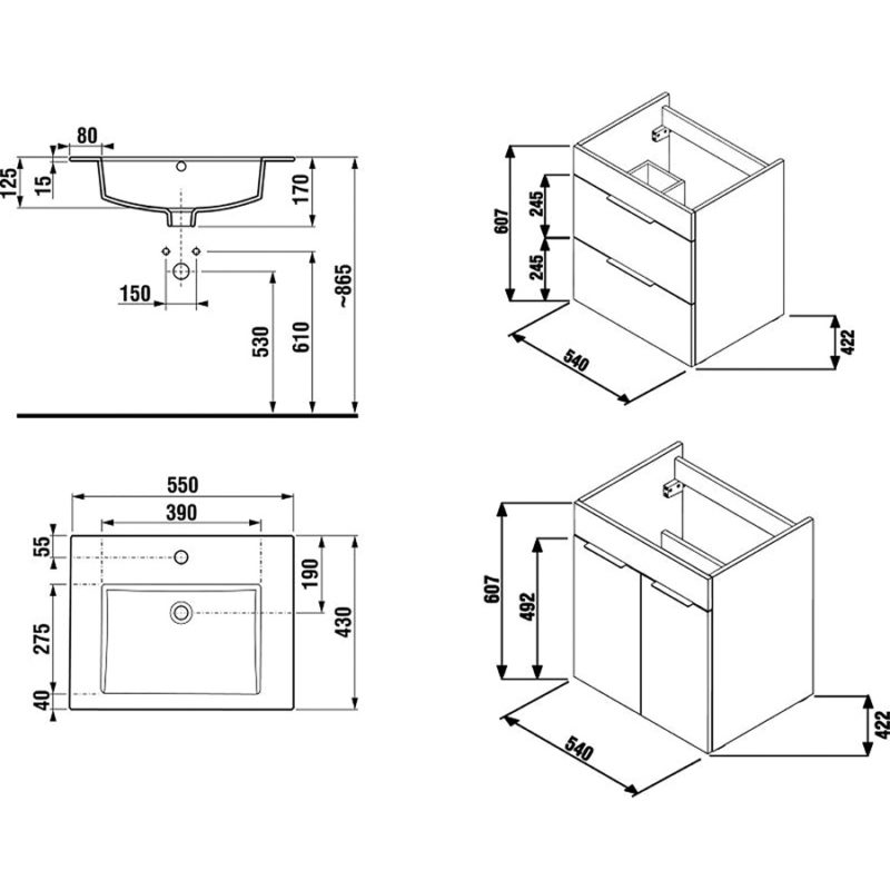 Skrinka, 2 zásuvky, vrátane umývadla 550x430 mm, Cube, JIKA, H4536121763001