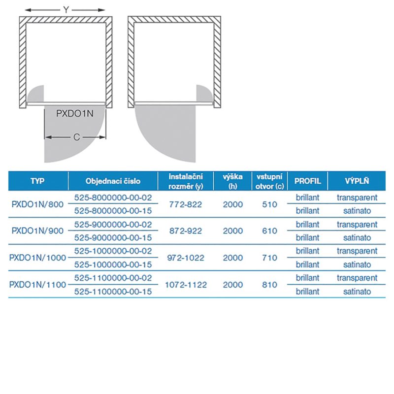 Sprchové dvere jednokrídlové PXDO1N 1100/2000 LH/ČS, 525-1100000-00-02