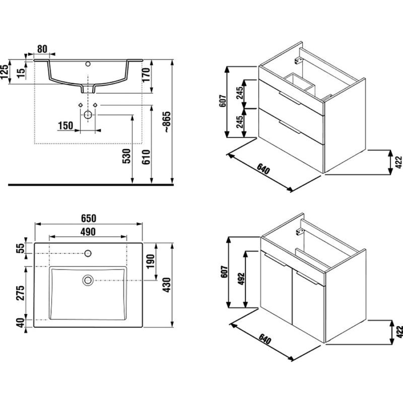 Skrinka, 2 zásuvky, vrátane umývadla 650x430 mm, Cube, JIKA, H4536021763001