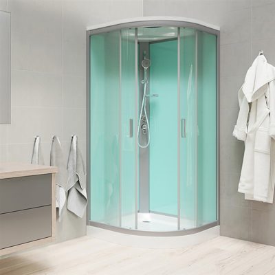 Sprchový box , štvrťkruh, 90cm, satin ALU, sklo Point, zadne steny zelené, SMC vanička, so strieškou