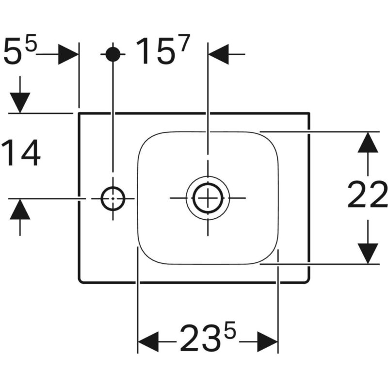 Malé umývadlo Geberit iCon, B=38cm, H=13.5cm, T=28cm, Otvor pre batériu=Vľavo, 124836000