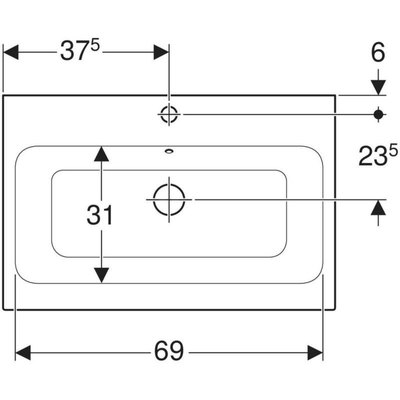 Umývadlo na dosku Geberit iCon: B=75cm, T=48.5cm, Otvor pre batériu=V strede, biela
