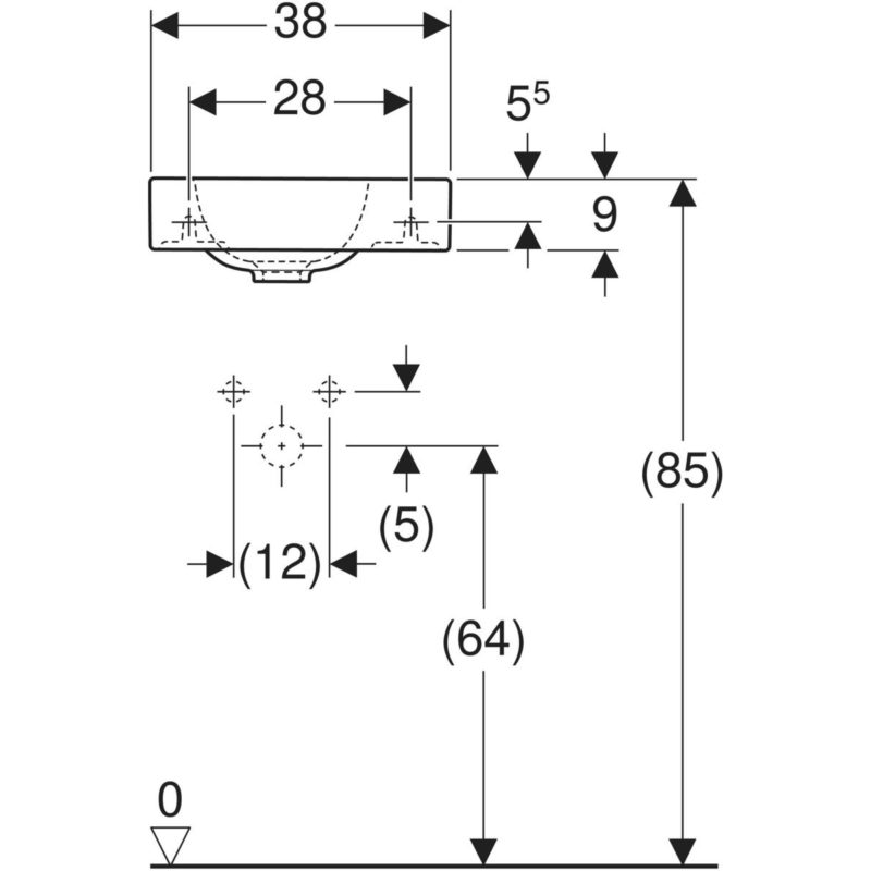 Malé umývadlo Geberit iCon: Biela, B=38cm, H=13.5cm, T=28cm, Otvor pre batériu=Vpravo, 124736000