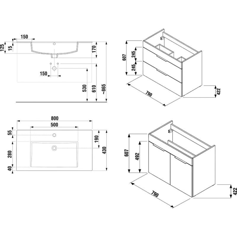 Skrinka, 2 zásuvky, vrátane umývadlá 800x430 mm, Cube, JIKA, H4537621763001