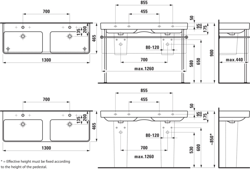 Dvojumývadlo do nábytku Laufen PRO S 1300x465 mm, 3 otvory pre batériu, biela, H8149680001081