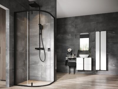 Štvrťkruhový sprchový kút Ravak NEXTY NSKK3-80, čierna/sklo Transparent