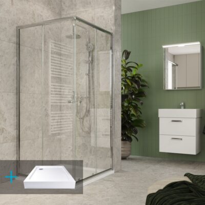 SET Sprchovací kút s vaničkou a sifónom KORA LITE 800x800x1850 mm, chróm ALU/sklo číre