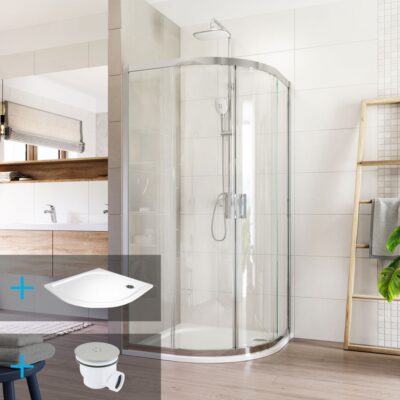 Štvrťkruhový sprchový kút LIMA 90x90x190 cm, R 550, chróm ALU/sklo číre, s vaničkou a sifónom