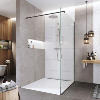 Sprchová stena WALK IN 80x200 cm, NOVEA, lišta k stene, 1 upevňovacie rameno, čierna/sklo, číre