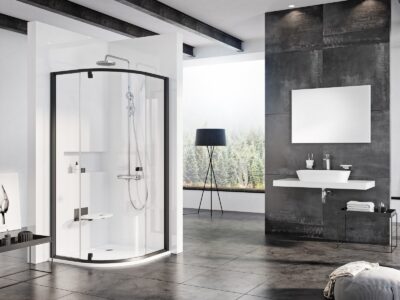 Štvrťkruhový sprchový kút Ravak PIVOT PSKK3-90, čierna/sklo Transparent